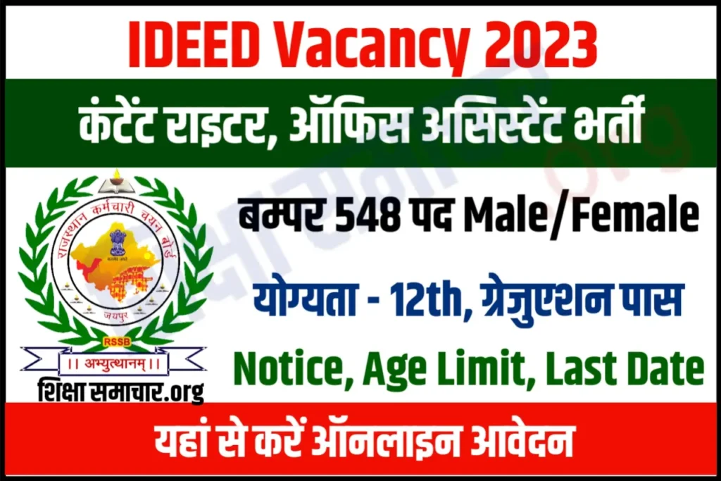 Rajasthan IDEED Content Writer & Office Assistant Recruitment 2023 Apply Online 548 Posts